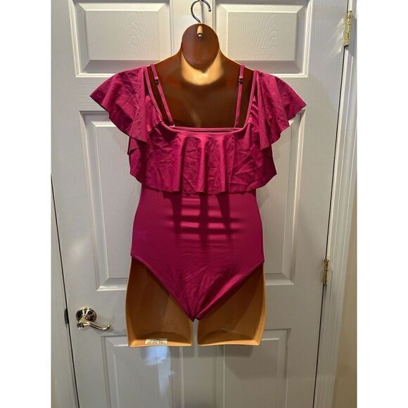 Holipick Womens Size Medium Ruffled Crisscross Ruched Front Swimsuit Magenta - Picture 2 of 5